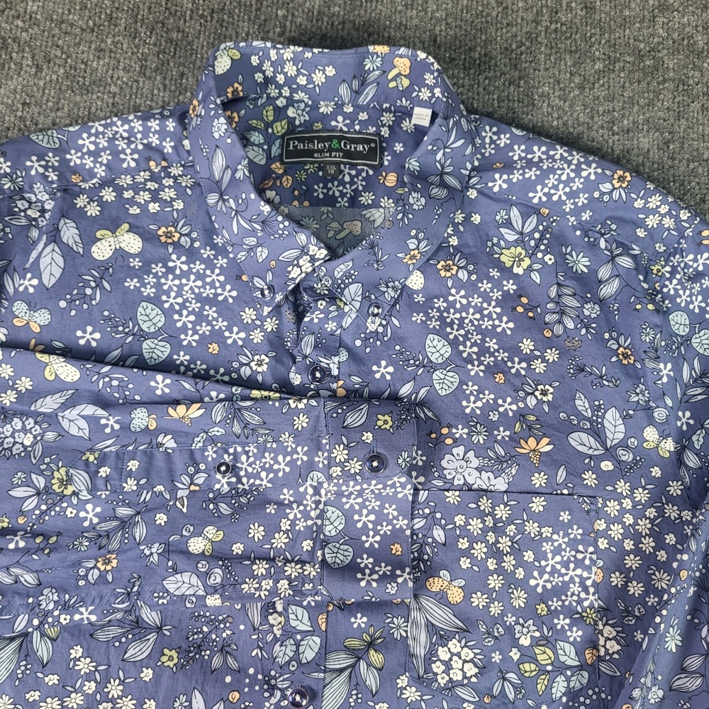Paisley & Gray Slim Fit Floral Mushroom Butterfly Blue Button Down Shirt XXL 19